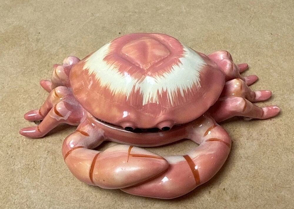 Hinged Porcelain Pink Orange Crab Trinket Box Coastal Beach Jewelry Keepsake